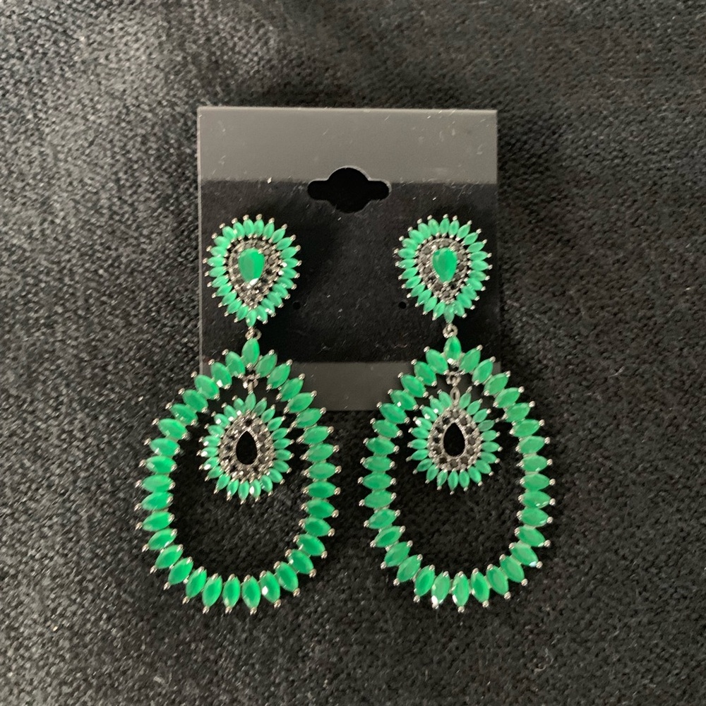 Green Stone Statement Tear Drop Earrings